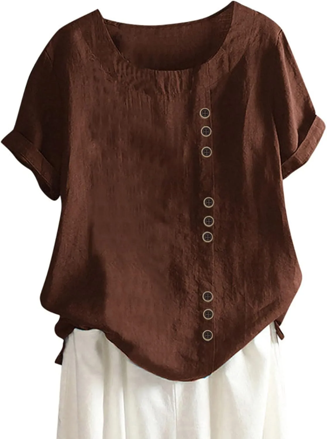 Casual Solid Color Tunic Tops for Women Cotton Linen Trendy Rolled Tee Shirts Button Down Tropical Cute Blouse Spring