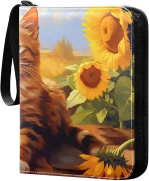 Cat Sunflower Oil Painting Card Binder Trading Cards Holder 4-Pocket，Album Pages Card Display Sleeves Fits 400 Cards Collector Book