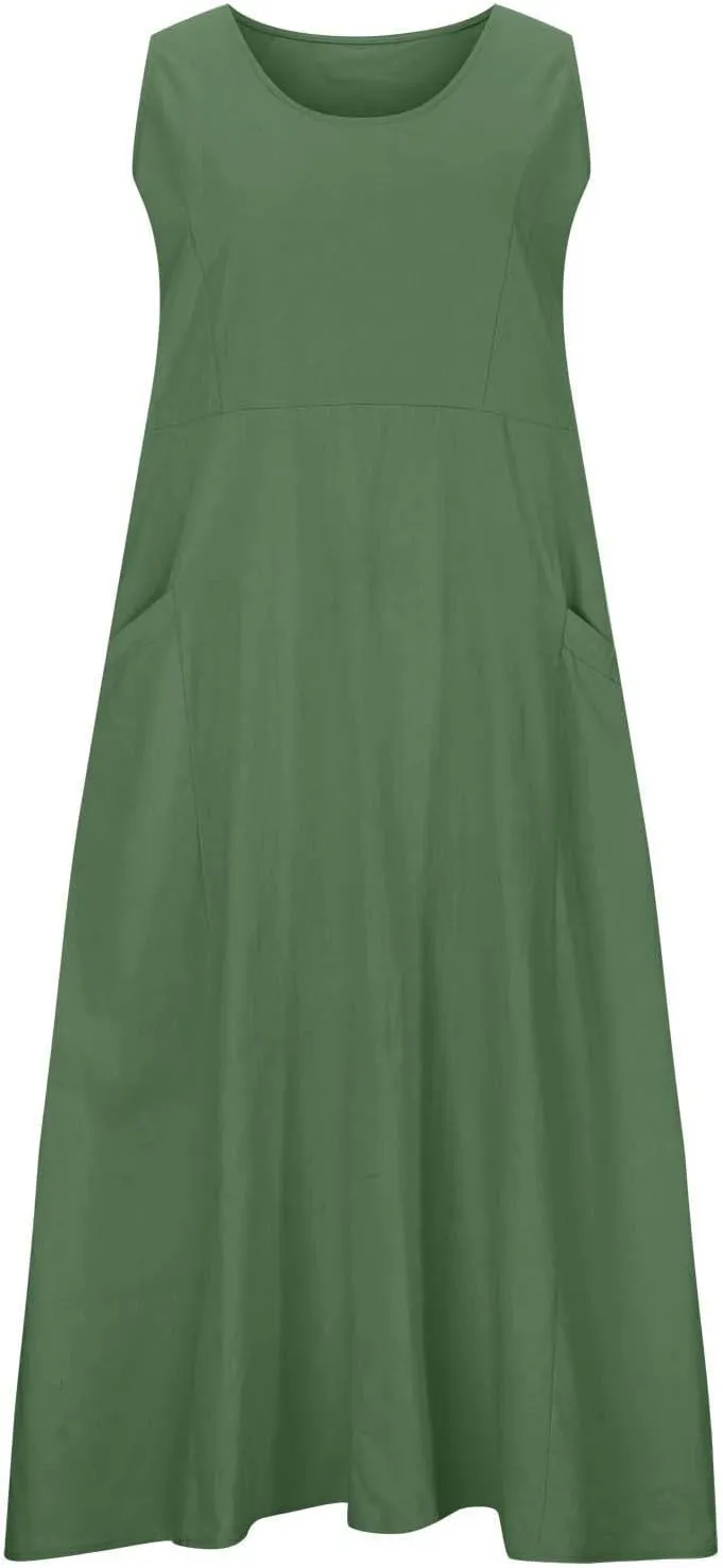 Ceboyel Women 2023 Solid Color Linen Dress Causal Summer Sun Dress Flowy Sleeveless Sundress Trendy Beach Maxi Long Dresses