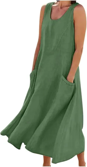 Ceboyel Women 2023 Solid Color Linen Dress Causal Summer Sun Dress Flowy Sleeveless Sundress Trendy Beach Maxi Long Dresses