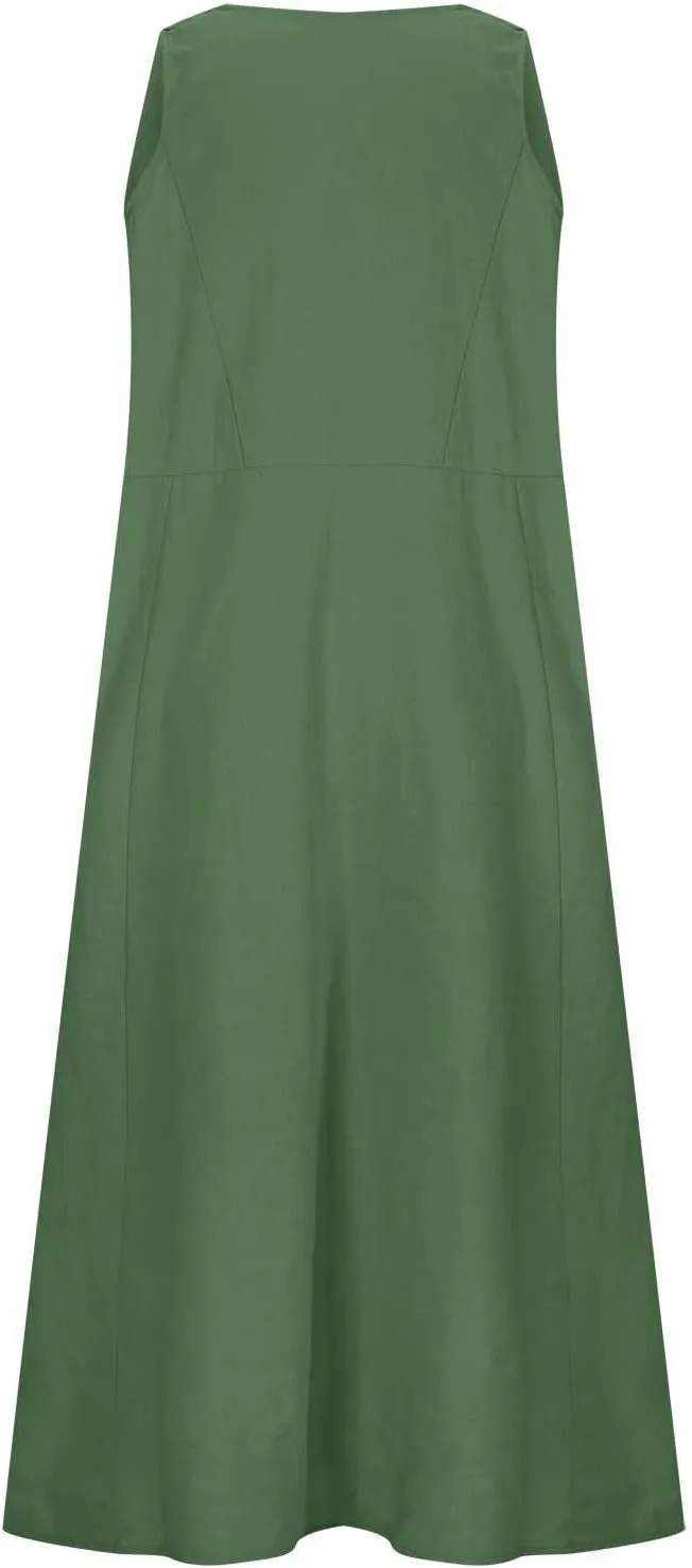 Ceboyel Women 2023 Solid Color Linen Dress Causal Summer Sun Dress Flowy Sleeveless Sundress Trendy Beach Maxi Long Dresses