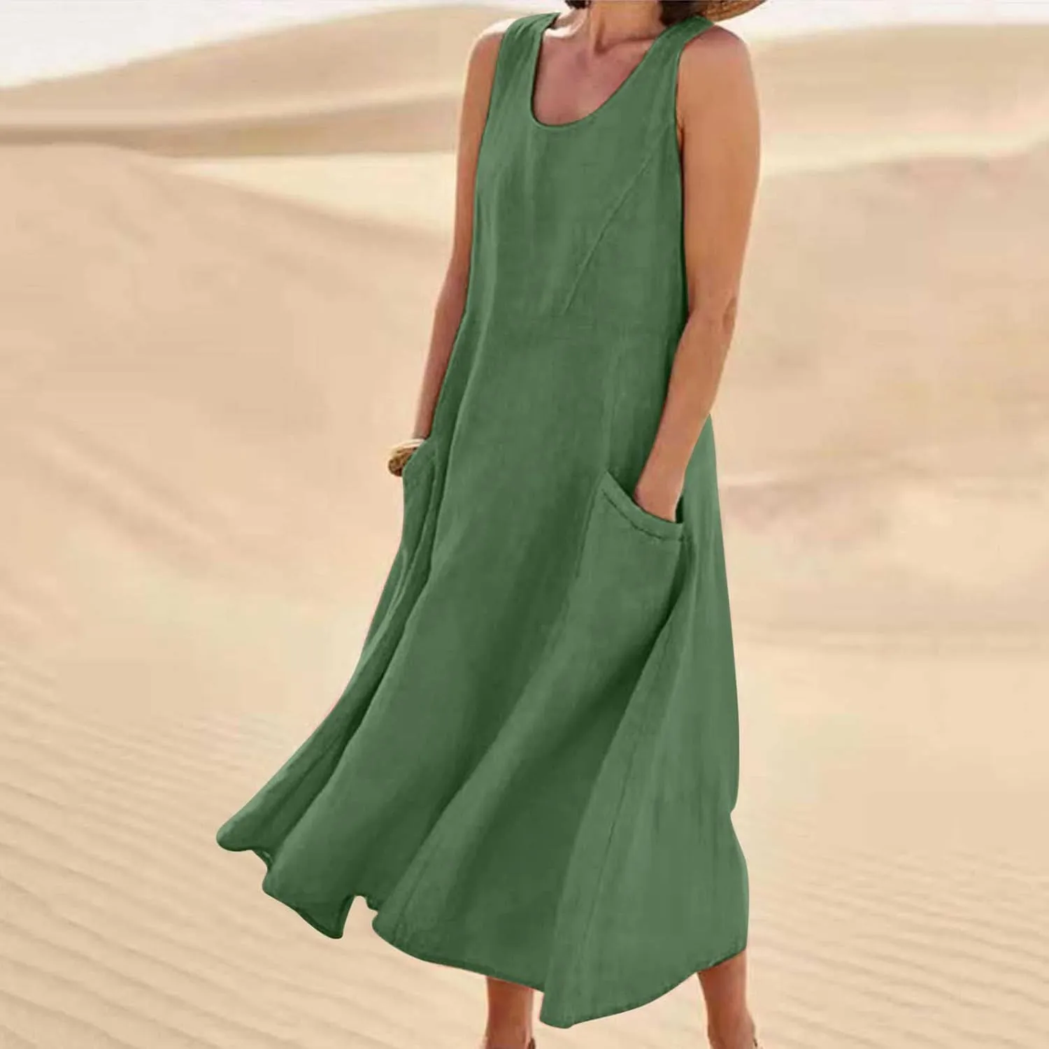 Ceboyel Women 2023 Solid Color Linen Dress Causal Summer Sun Dress Flowy Sleeveless Sundress Trendy Beach Maxi Long Dresses