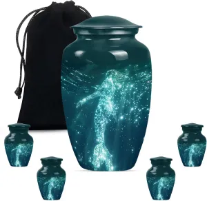 Celestial Mermaid - Urn Man - Ashes Urn Adult - Combo of 1 Large Urn with Velvet Bag and 4 Small - Keepsake Urns for Ashes - Decorative Urns - Ash Urns for Humans - Cremation Urn for Ashes