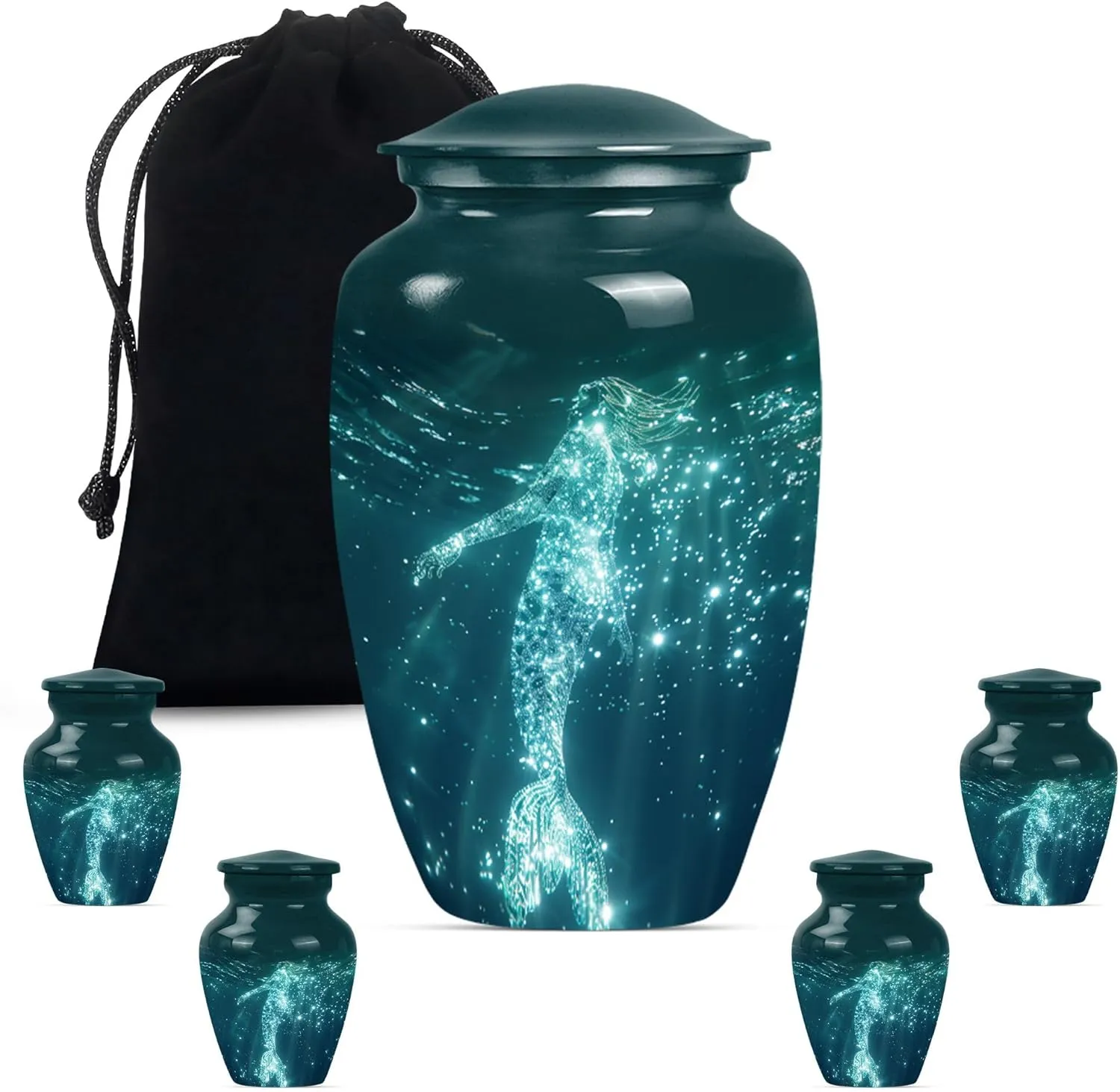 Celestial Mermaid - Urn Man - Ashes Urn Adult - Combo of 1 Large Urn with Velvet Bag and 4 Small - Keepsake Urns for Ashes - Decorative Urns - Ash Urns for Humans - Cremation Urn for Ashes