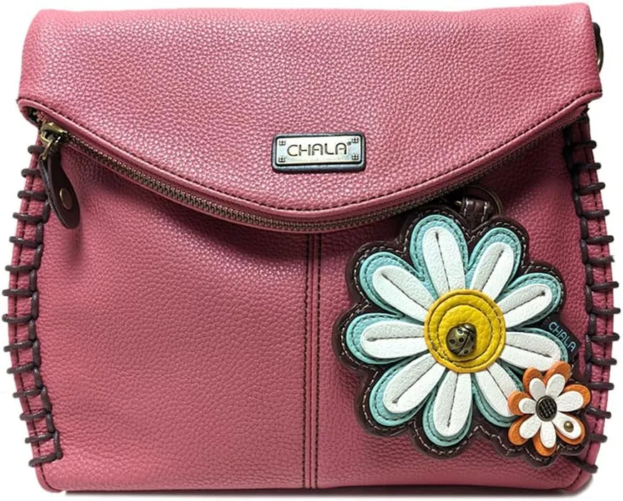 CHALA Charming Crossbody Bag With Flap Top | Flap and Zipper Cross-Body Purse or Shoulder Handbag with Metal Chain - Pink