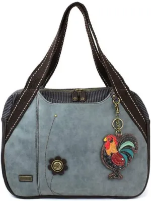 Chala Handbag Bowling Zip Tote Large Bag Indigo Blue Pleather Rooster Coin Purse
