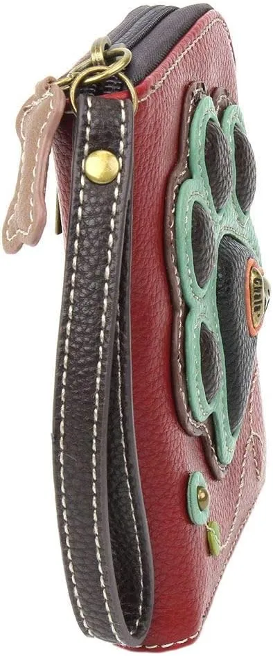 Chala Paw Print Zip-Around Wristlet Wallet, Dog Mom Gift Dog Lover (Burguny/Teal)