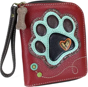Chala Paw Print Zip-Around Wristlet Wallet, Dog Mom Gift Dog Lover (Burguny/Teal)