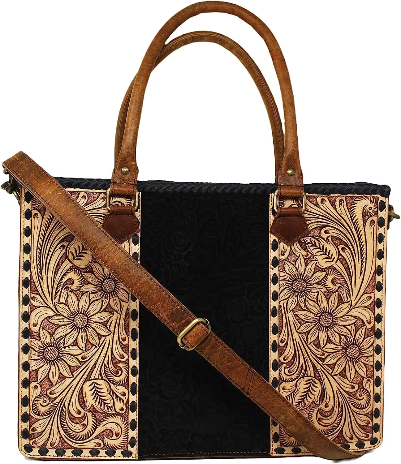 CHALLENGER 16" Women's Cowgirl Western Floral Hand-Tooled Black Leather Purse Handbag Tote 18RTHS01