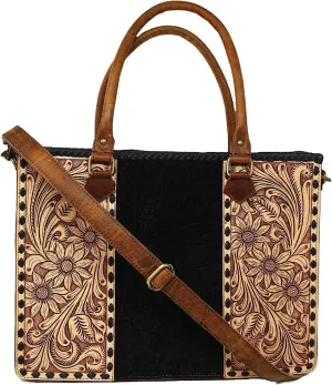 CHALLENGER 16" Women's Cowgirl Western Floral Hand-Tooled Black Leather Purse Handbag Tote 18RTHS01