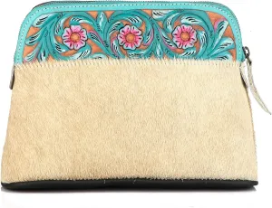 CHALLENGER Women Printed Hair-on Floral Tooled Leather Zippered Makeup Cosmetic Bag 18BT36