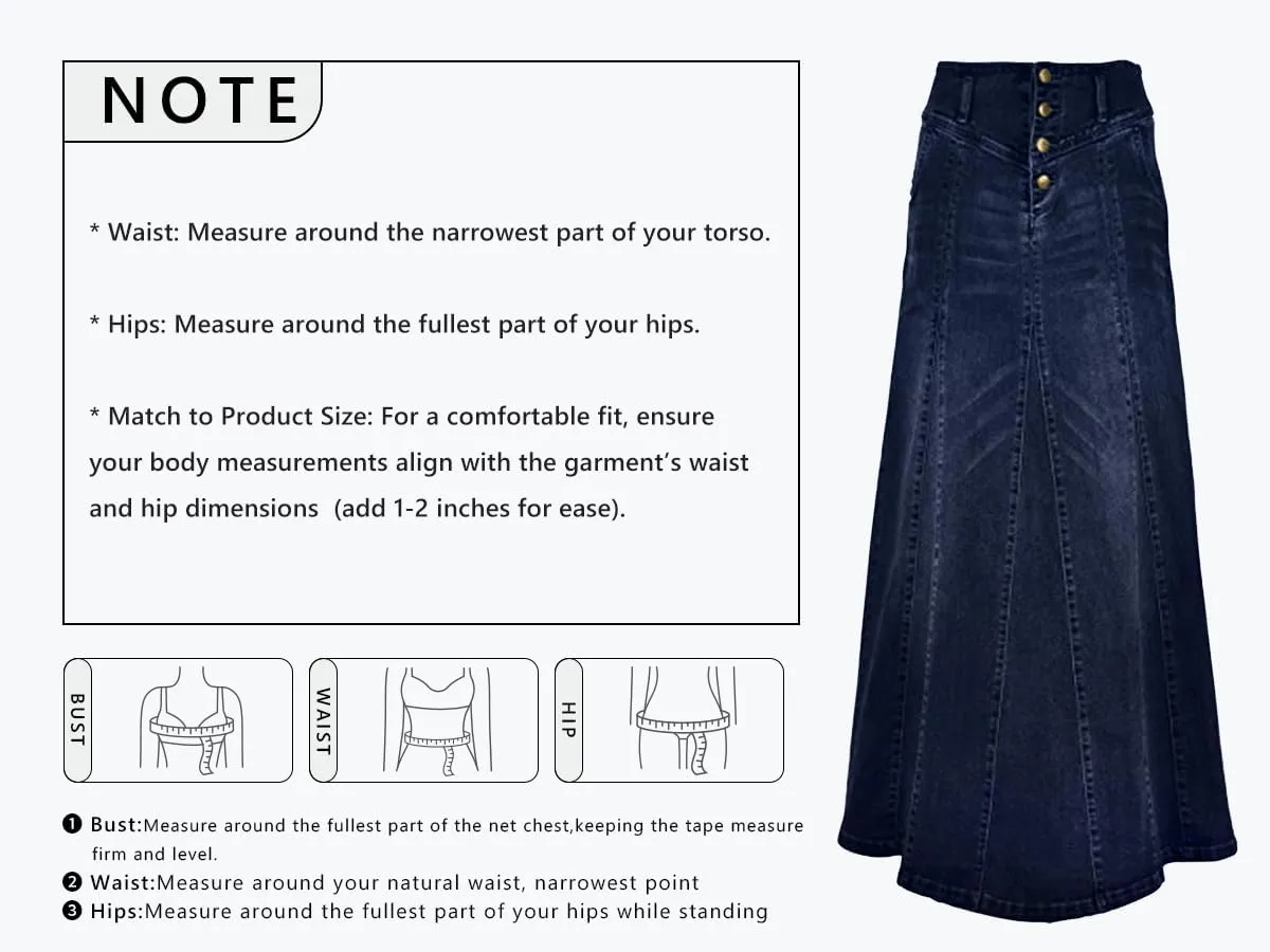 CHARTOU Women's Retro Exposure Button-Fly Packaged Hip A-Line Maxi Long Denim Skirt