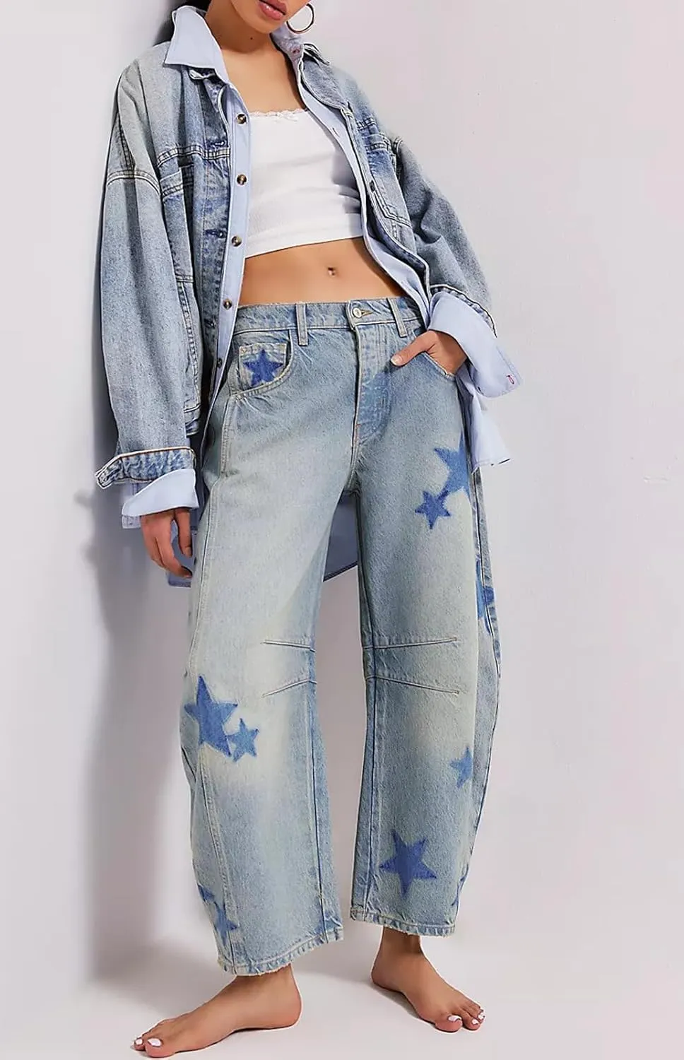 CHARTOU Y2k Barrel Jeans Women Wide Leg Baggy Distressed Printed Boyfriend Horseshoe Denim Pants