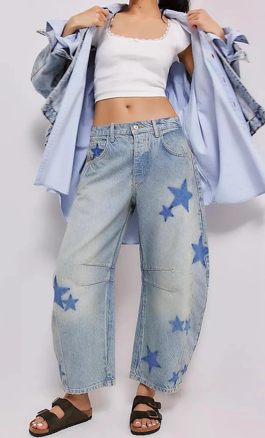 CHARTOU Y2k Barrel Jeans Women Wide Leg Baggy Distressed Printed Boyfriend Horseshoe Denim Pants