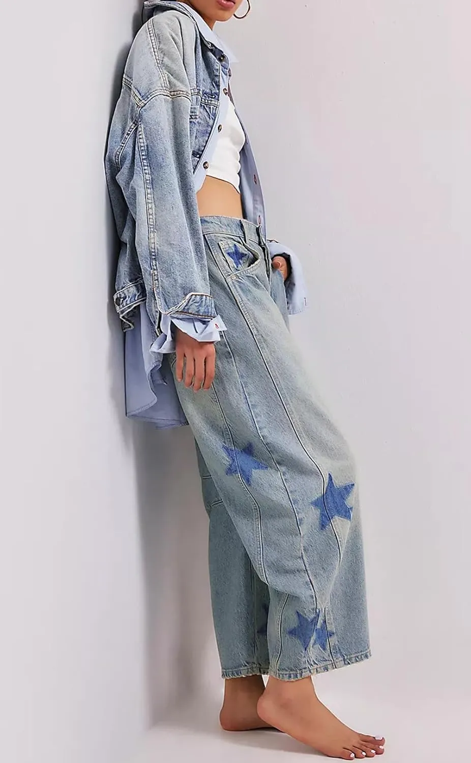 CHARTOU Y2k Barrel Jeans Women Wide Leg Baggy Distressed Printed Boyfriend Horseshoe Denim Pants