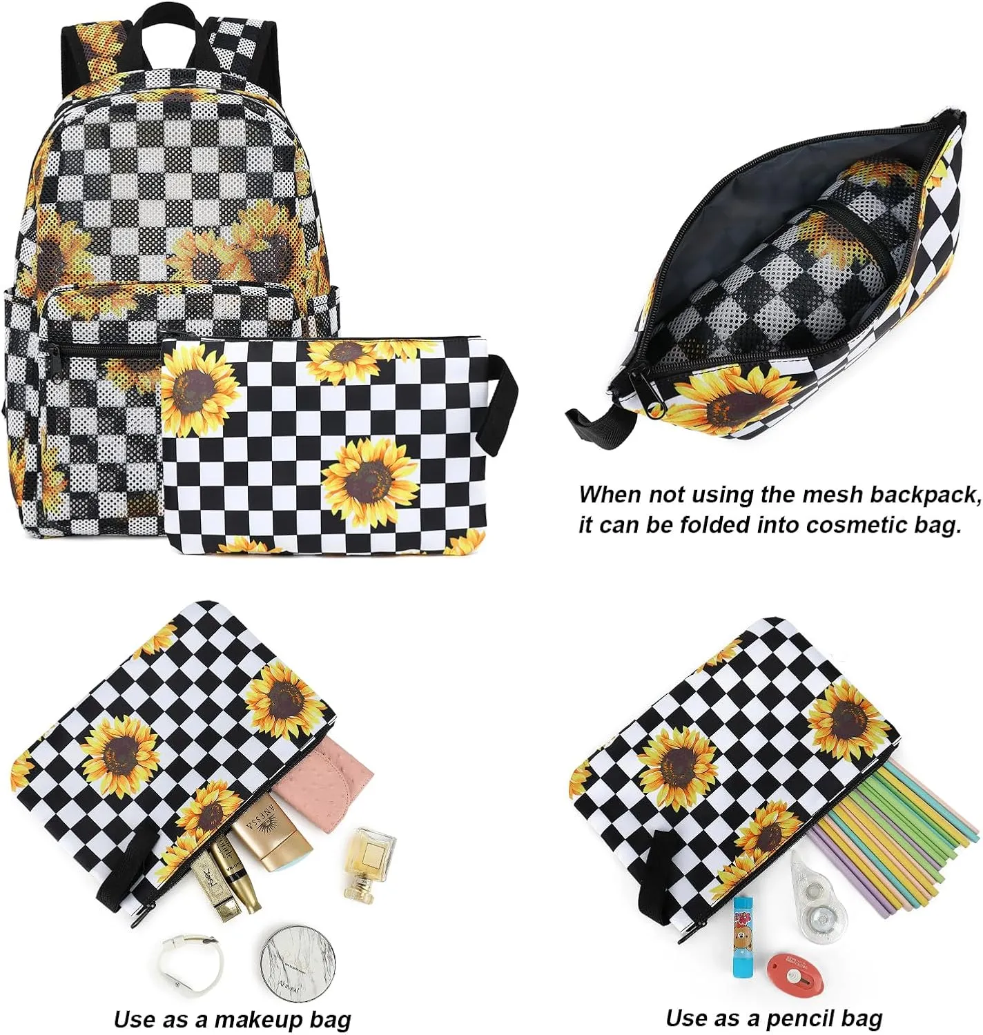Checkered Sunflower Mesh Backpack for Girls, Kids Semi-Transparent School Bookbag Women See Through Beach Bag Daypack