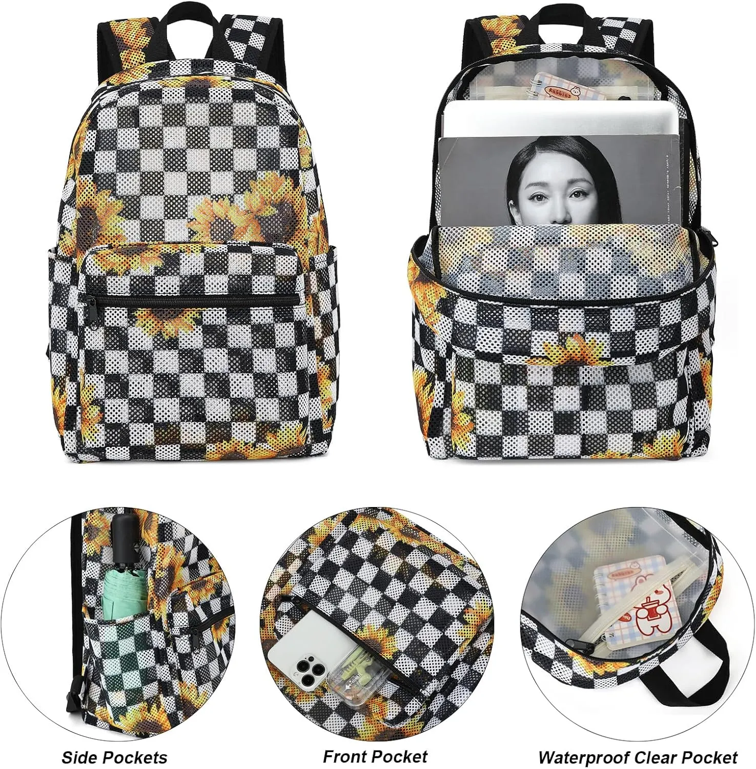 Checkered Sunflower Mesh Backpack for Girls, Kids Semi-Transparent School Bookbag Women See Through Beach Bag Daypack