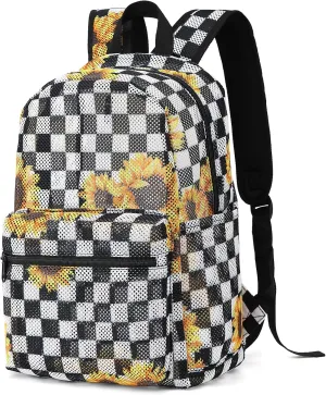 Checkered Sunflower Mesh Backpack for Girls, Kids Semi-Transparent School Bookbag Women See Through Beach Bag Daypack