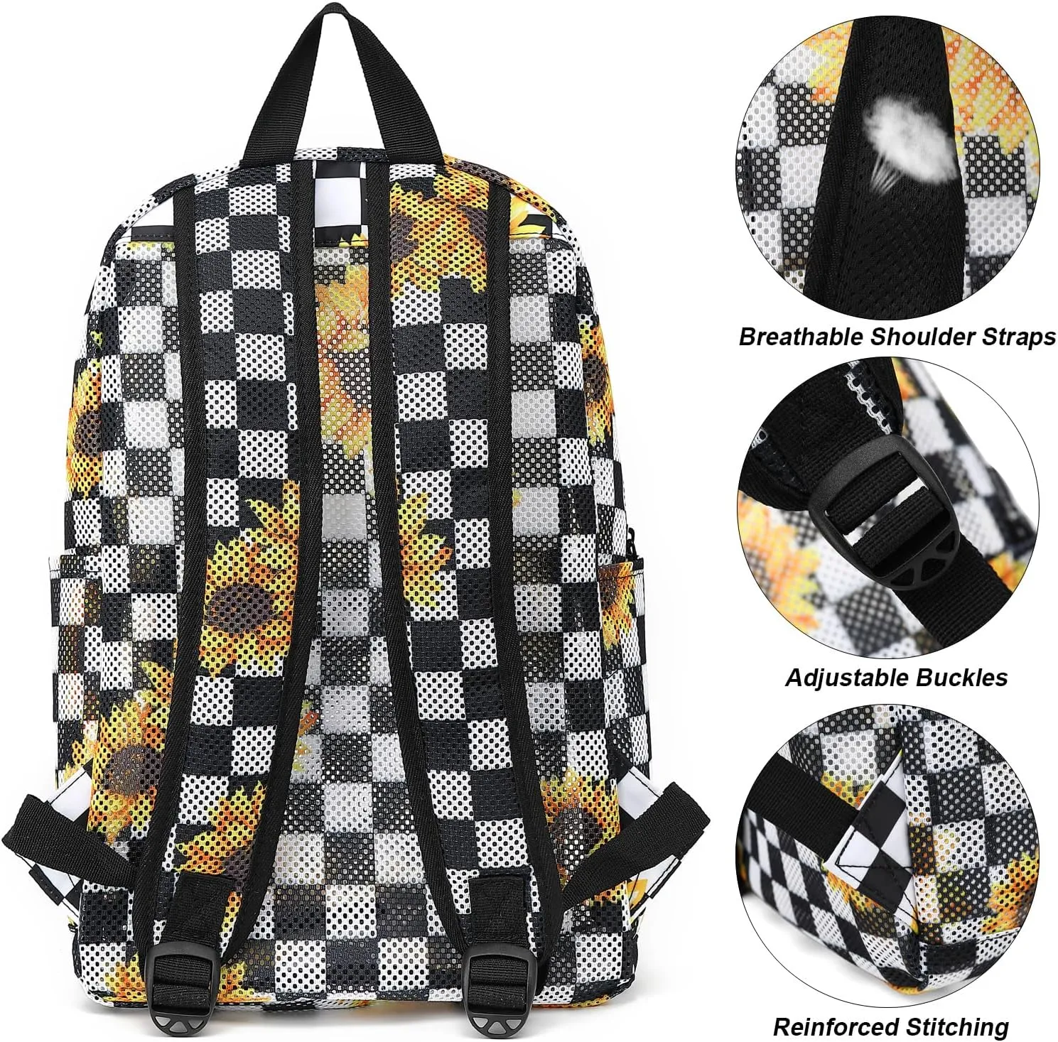 Checkered Sunflower Mesh Backpack for Girls, Kids Semi-Transparent School Bookbag Women See Through Beach Bag Daypack