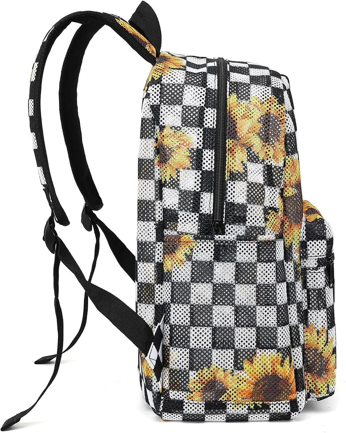 Checkered Sunflower Mesh Backpack for Girls, Kids Semi-Transparent School Bookbag Women See Through Beach Bag Daypack