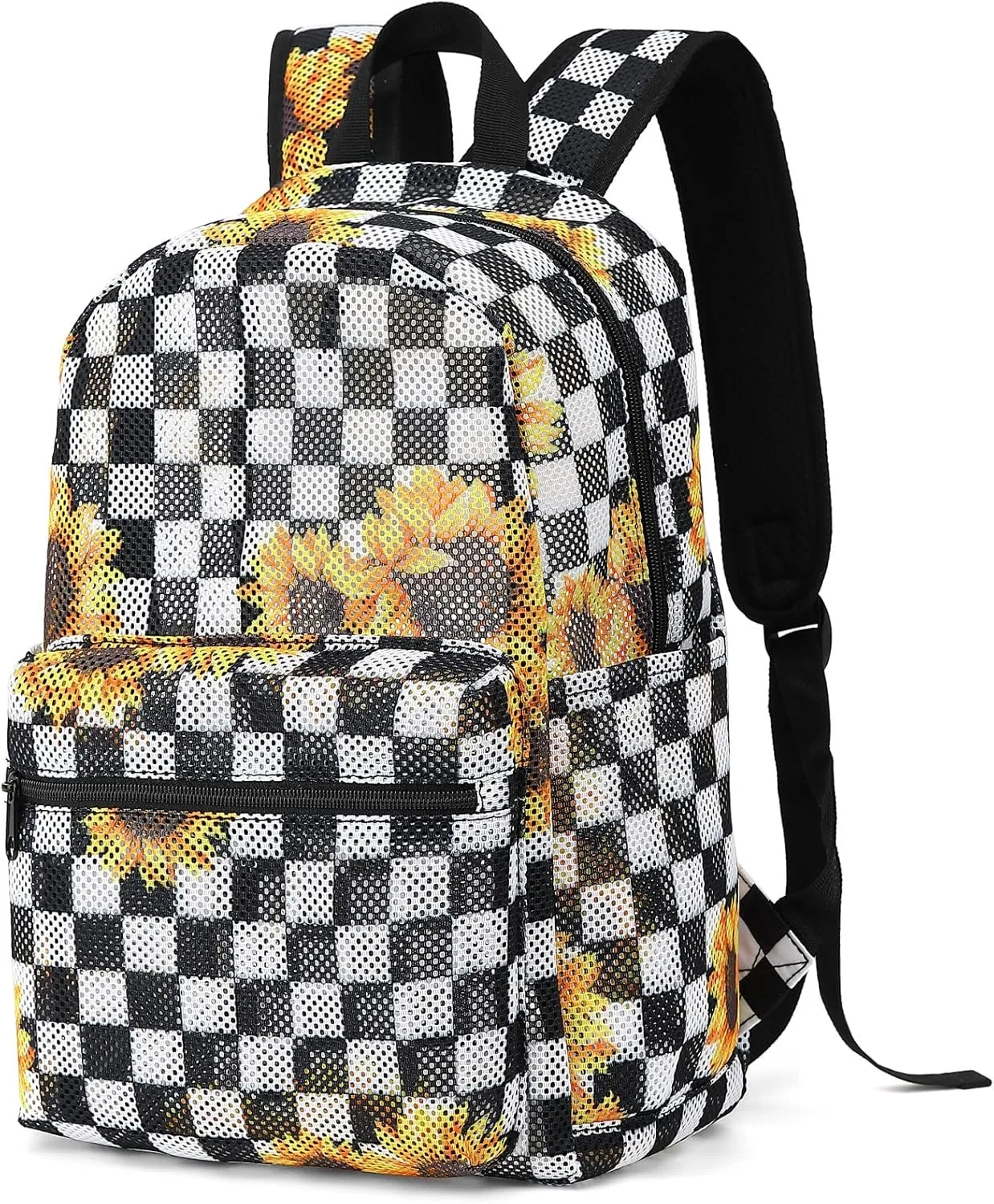 Checkered Sunflower Mesh Backpack for Girls, Kids Semi-Transparent School Bookbag Women See Through Beach Bag Daypack