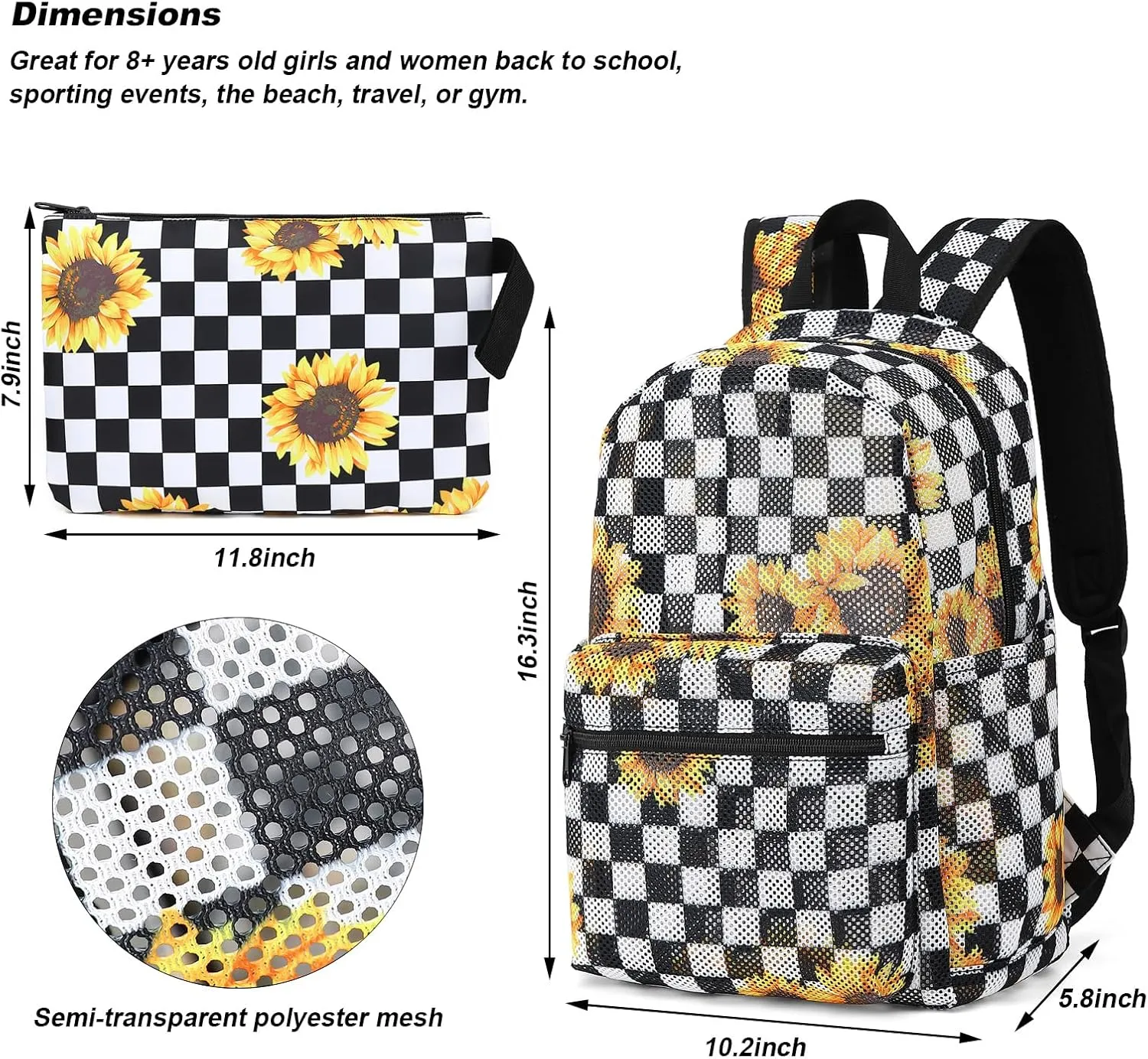Checkered Sunflower Mesh Backpack for Girls, Kids Semi-Transparent School Bookbag Women See Through Beach Bag Daypack
