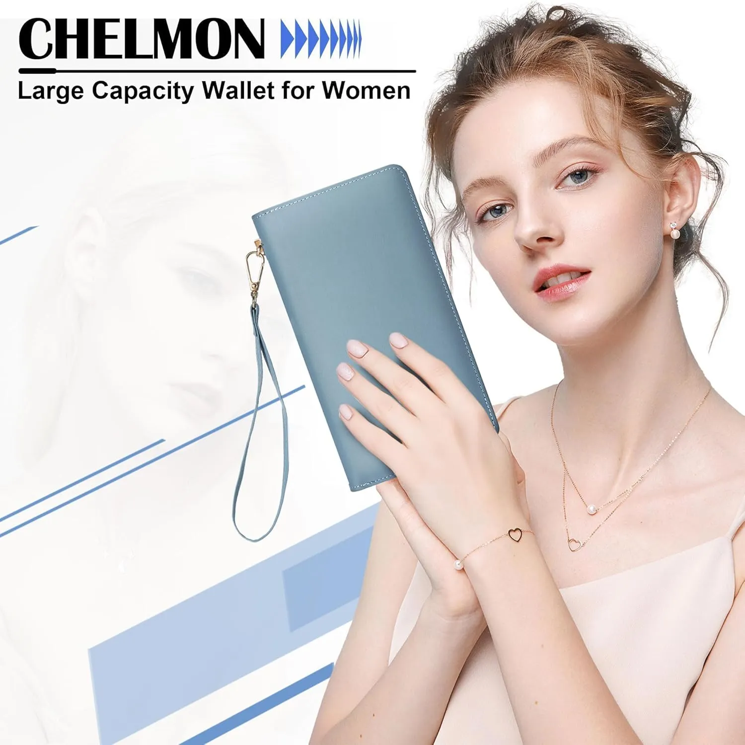 Chelmon Women's Vegan Leather Clutch Wallet with Zip, Hand Strap, Large Capacity