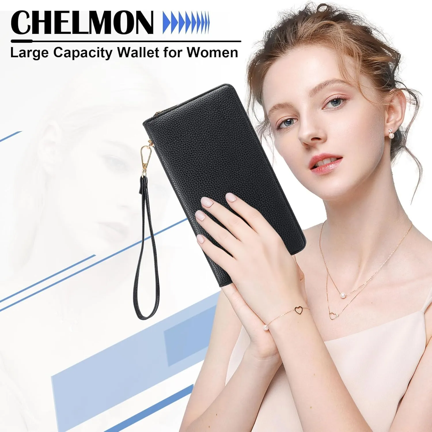Chelmon Women's Vegan Leather Clutch Wallet with Zip, Hand Strap, Large Capacity