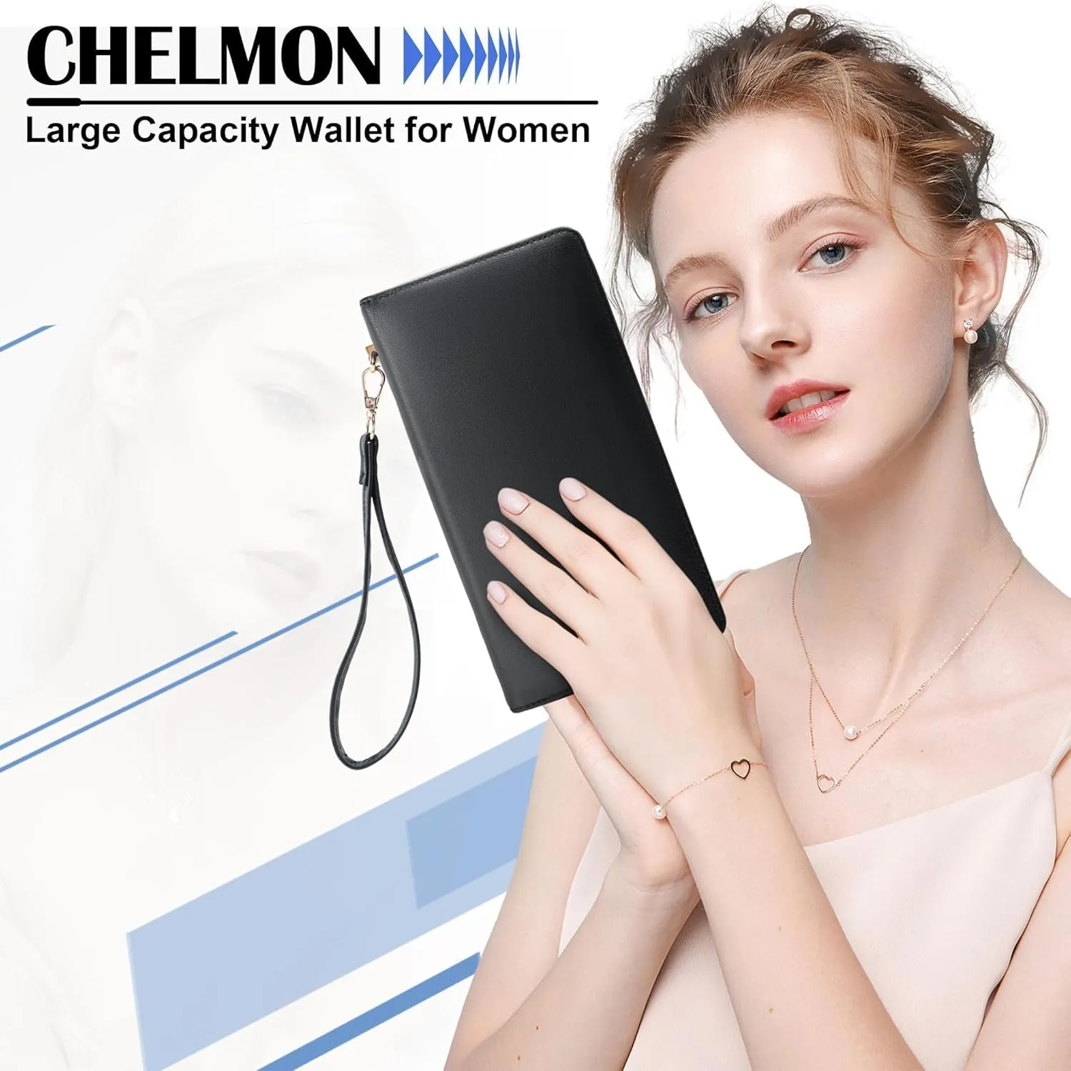 Chelmon Women's Vegan Leather Clutch Wallet with Zip, Hand Strap, Large Capacity