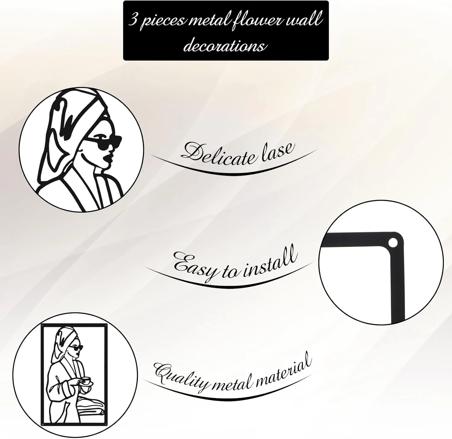 CHENGU 3 Pieces Metal Minimalist Abstract Woman Wall Art Line Drawing Wall Art Decor Single Line Female Home Hanging for Kitchen Bathroom Living Room
