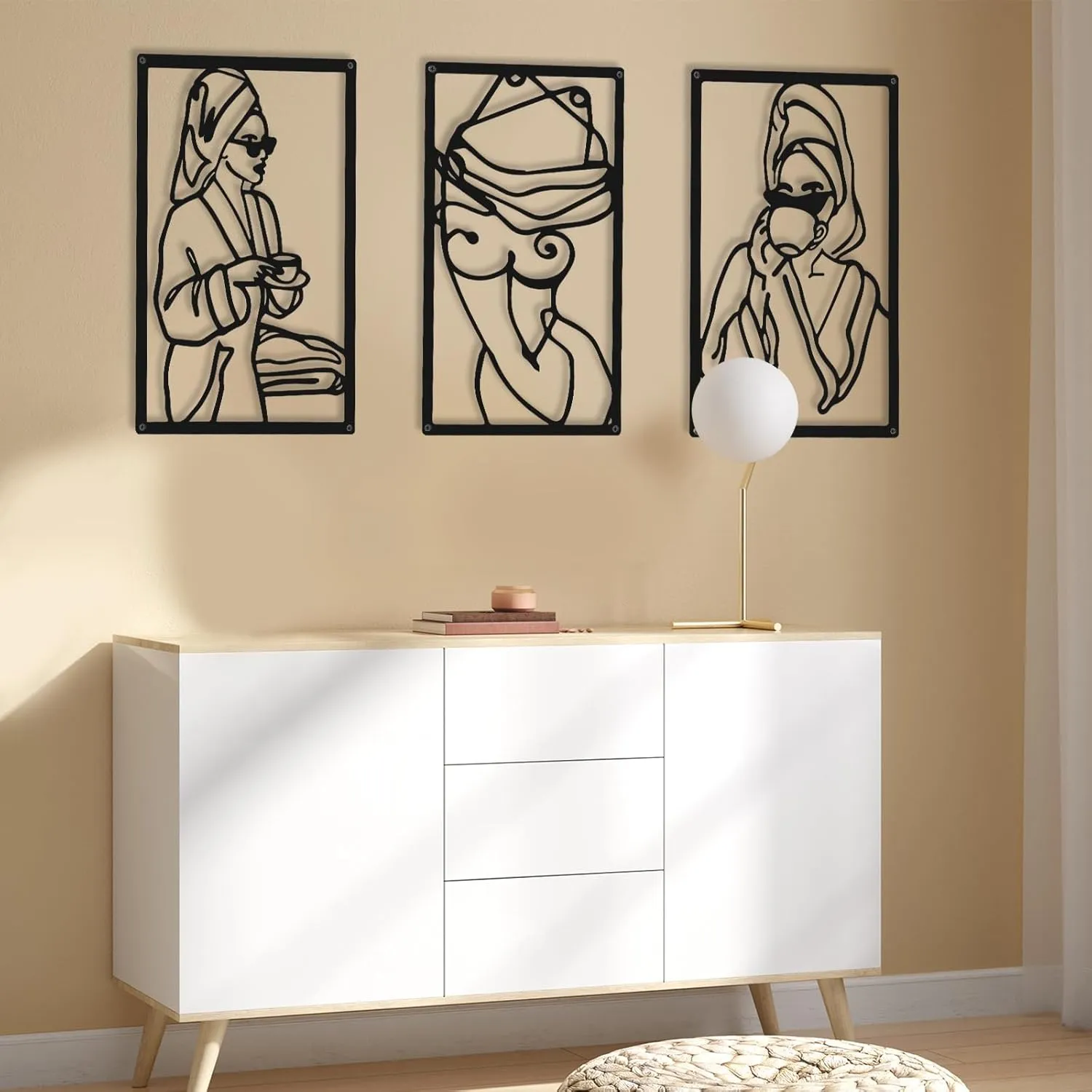 CHENGU 3 Pieces Metal Minimalist Abstract Woman Wall Art Line Drawing Wall Art Decor Single Line Female Home Hanging for Kitchen Bathroom Living Room