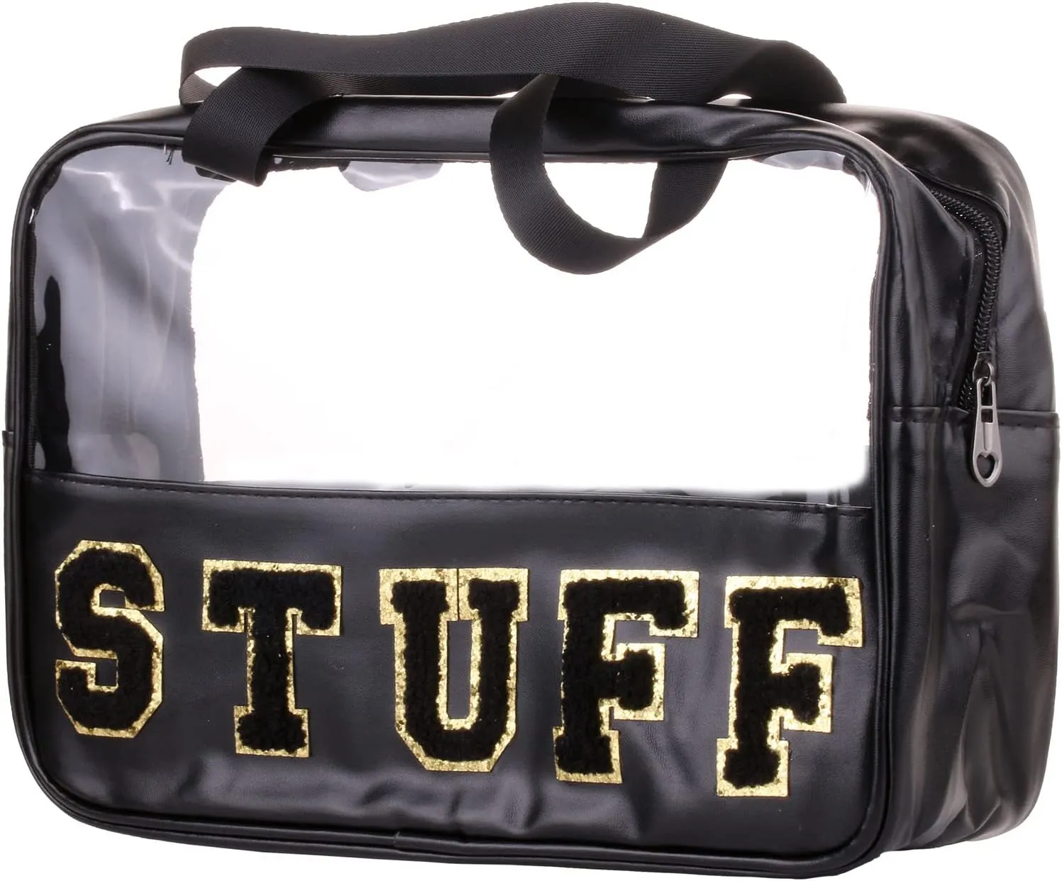 Chenille Letter Clear PVC And PU leather Large Travel Cosmetic Toiletry Storage Bag Waterproof Makeup Tote Bag Organizer Bag for Women(STUFF-Black)