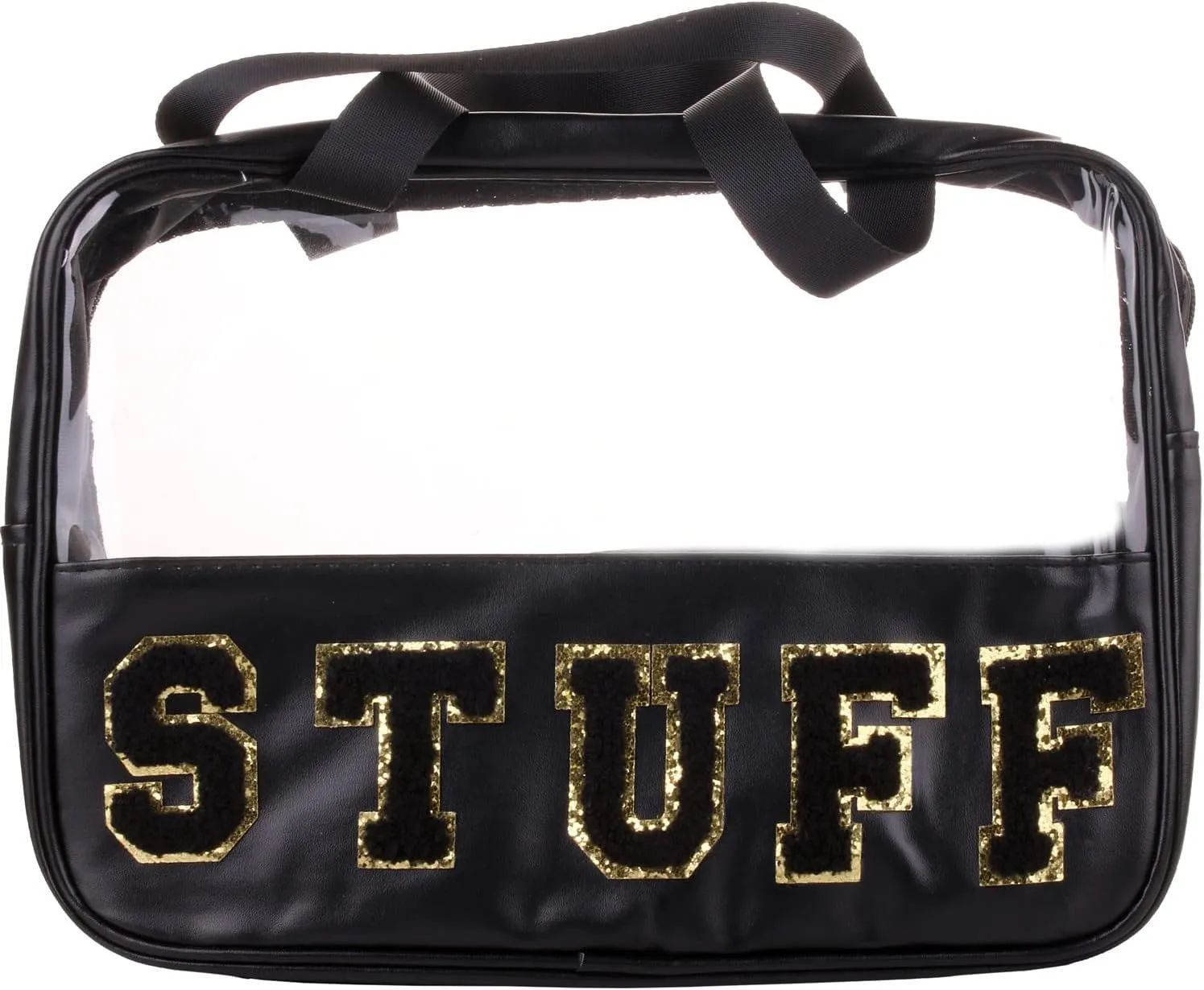 Chenille Letter Clear PVC And PU leather Large Travel Cosmetic Toiletry Storage Bag Waterproof Makeup Tote Bag Organizer Bag for Women(STUFF-Black)
