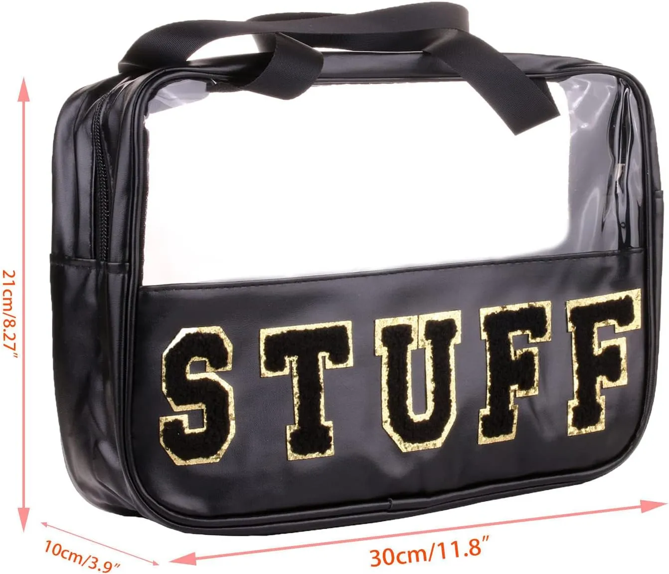 Chenille Letter Clear PVC And PU leather Large Travel Cosmetic Toiletry Storage Bag Waterproof Makeup Tote Bag Organizer Bag for Women(STUFF-Black)