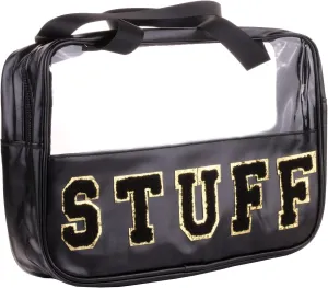 Chenille Letter Clear PVC And PU leather Large Travel Cosmetic Toiletry Storage Bag Waterproof Makeup Tote Bag Organizer Bag for Women(STUFF-Black)