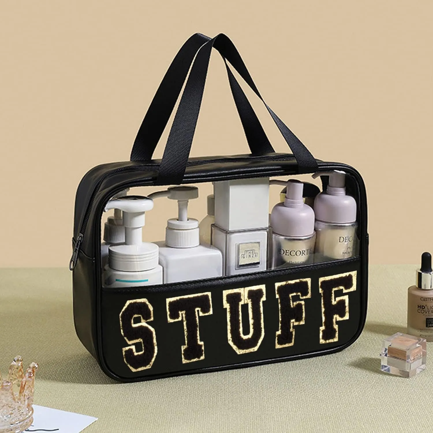 Chenille Letter Clear PVC And PU leather Large Travel Cosmetic Toiletry Storage Bag Waterproof Makeup Tote Bag Organizer Bag for Women(STUFF-Black)