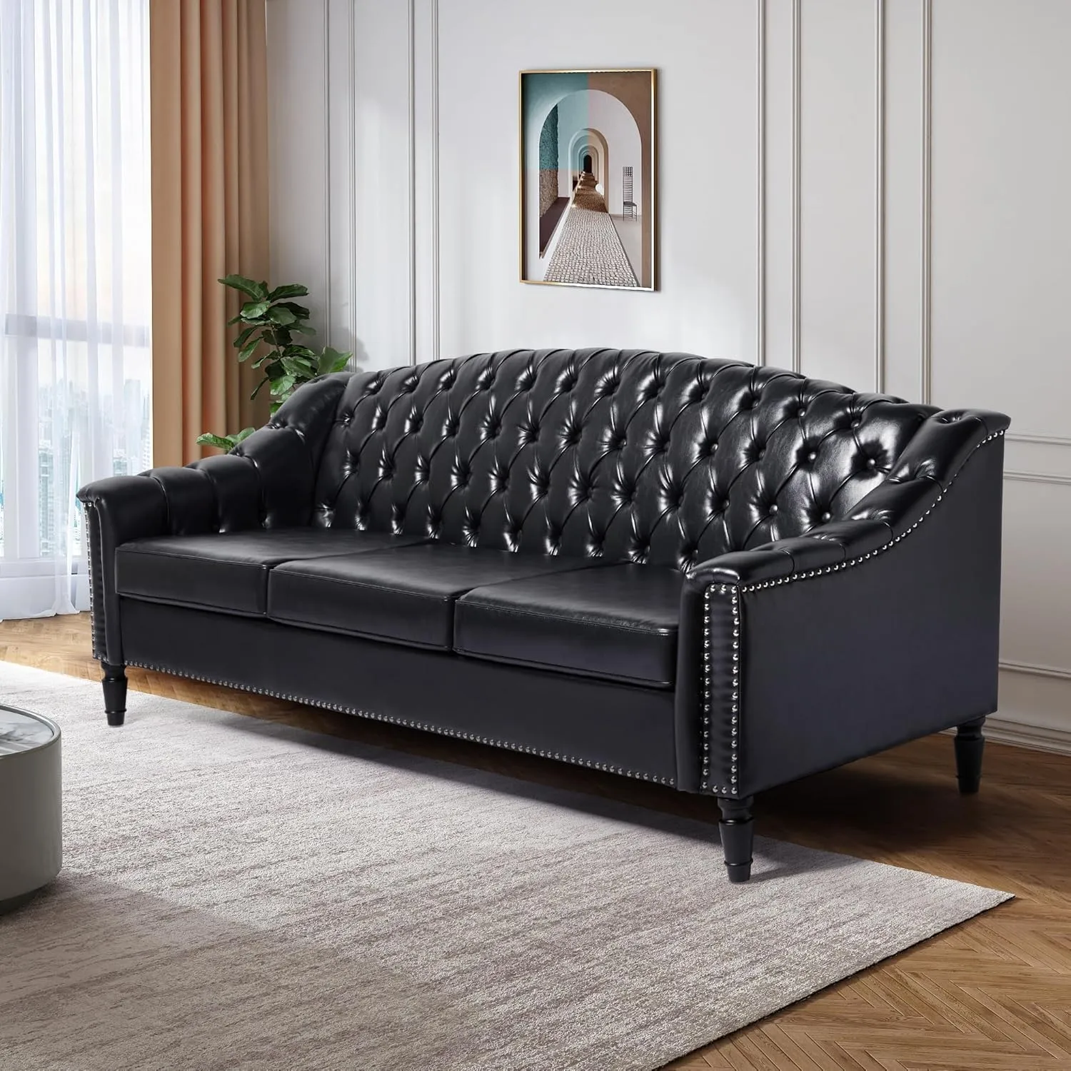 Chesterfield Couch 3 Seater Large Sofa, Faux Leather Sofas and Couches 80 Inches Mid Century Modern Couch Tufted Back Sofa for Living Room Furniture (Black)