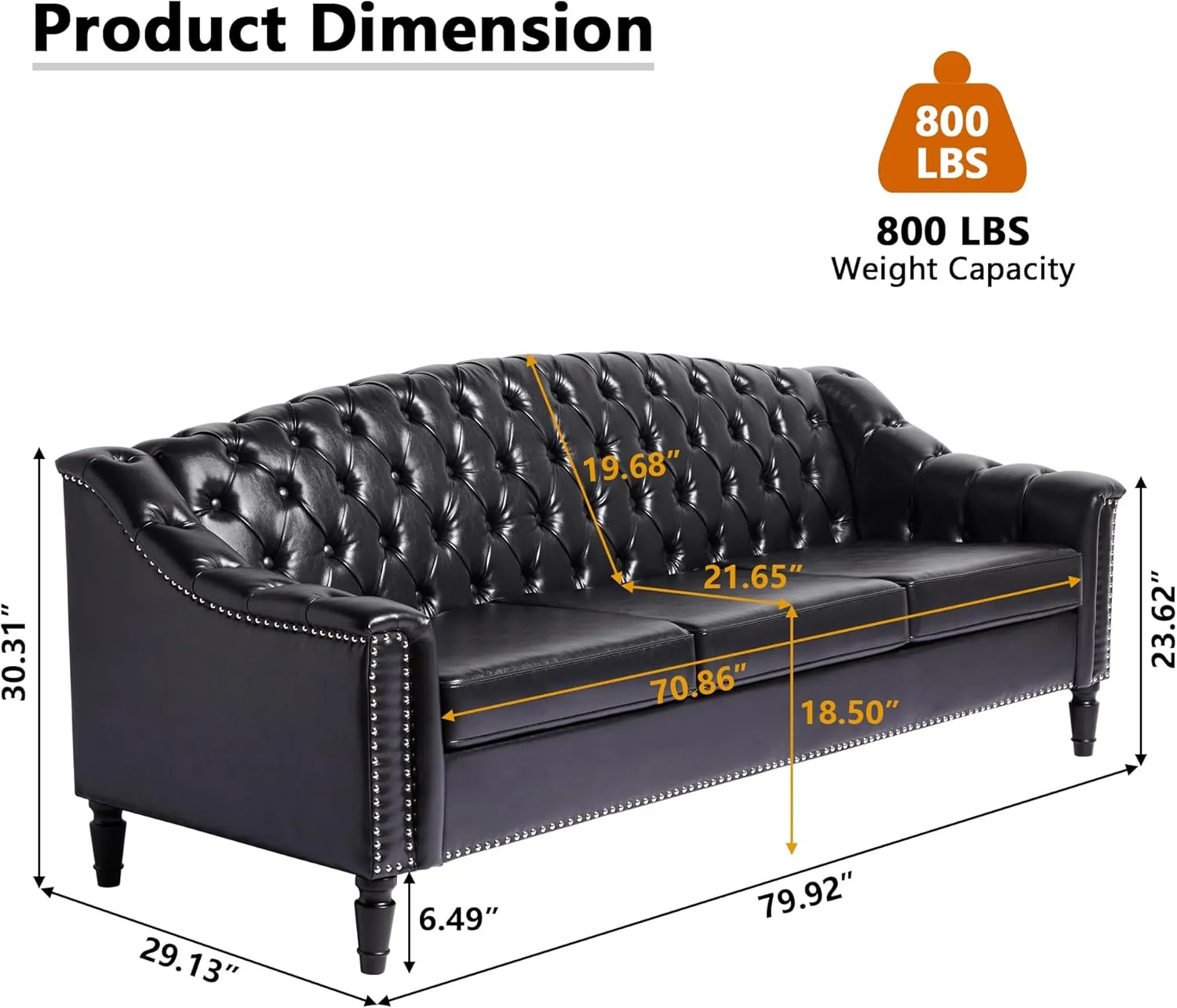 Chesterfield Couch 3 Seater Large Sofa, Faux Leather Sofas and Couches 80 Inches Mid Century Modern Couch Tufted Back Sofa for Living Room Furniture (Black)