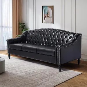 Chesterfield Couch 3 Seater Large Sofa, Faux Leather Sofas and Couches 80 Inches Mid Century Modern Couch Tufted Back Sofa for Living Room Furniture (Black)