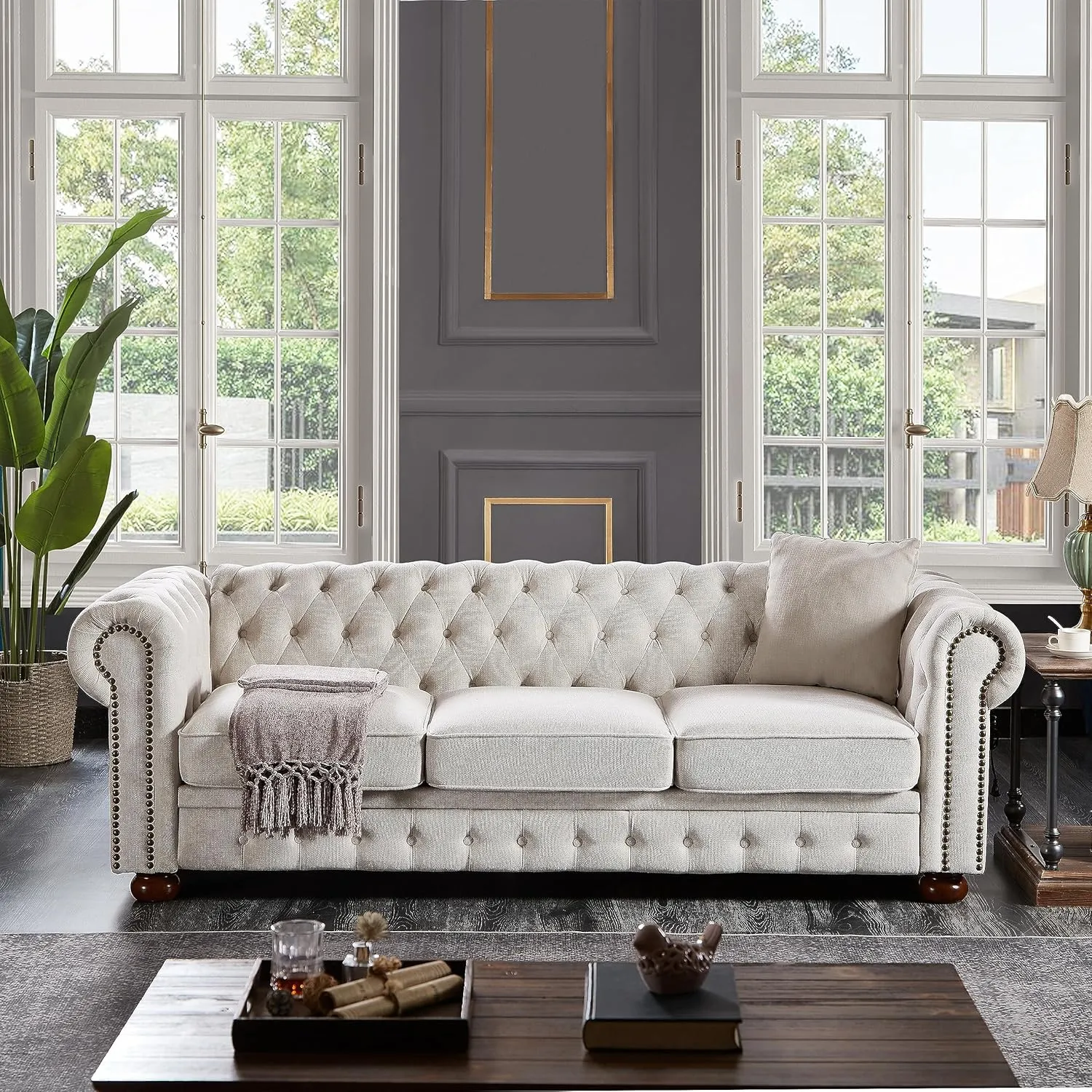 Chesterfield Sofas for Living Room, Linen Fabric 3-Seater Sofa with Nailhead & Rolled Arms Upholstered Couches with Solid Wood Legs for Bedroom, Office Apartment Easy to Assemble（Beige）