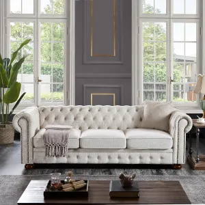 Chesterfield Sofas for Living Room, Linen Fabric 3-Seater Sofa with Nailhead & Rolled Arms Upholstered Couches with Solid Wood Legs for Bedroom, Office Apartment Easy to Assemble（Beige）
