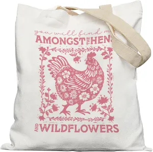 Chicken Tote Bag, Farmhouse Hens and Wildflowers Cottagecore Canvas Tote Bags for Women, Reusable Grocery Bags