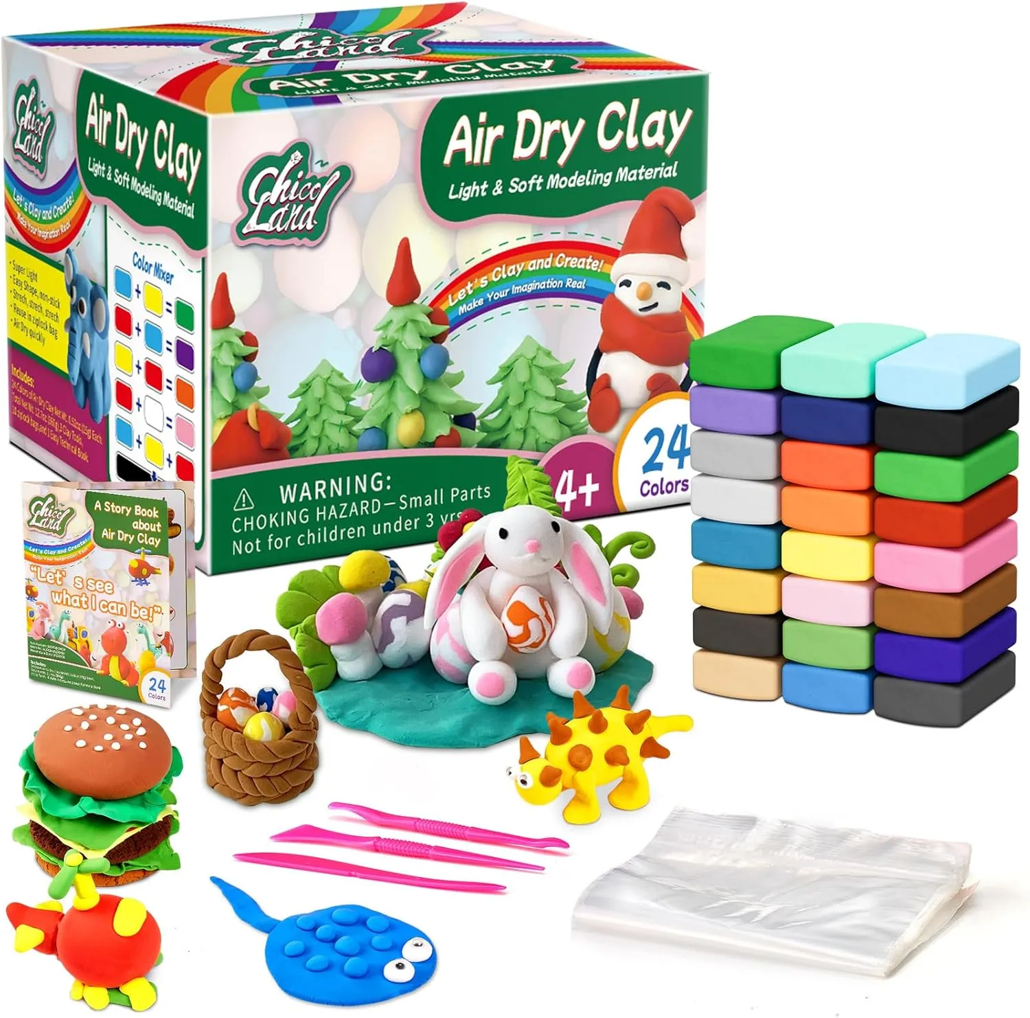 Chico Land Clay Kit - 24 Colors Air Dry Modeling Clay for Kids Age 4 , DIY Model Kit with Sculpting Tools and Storage Bags - Gift for Boys & Girls