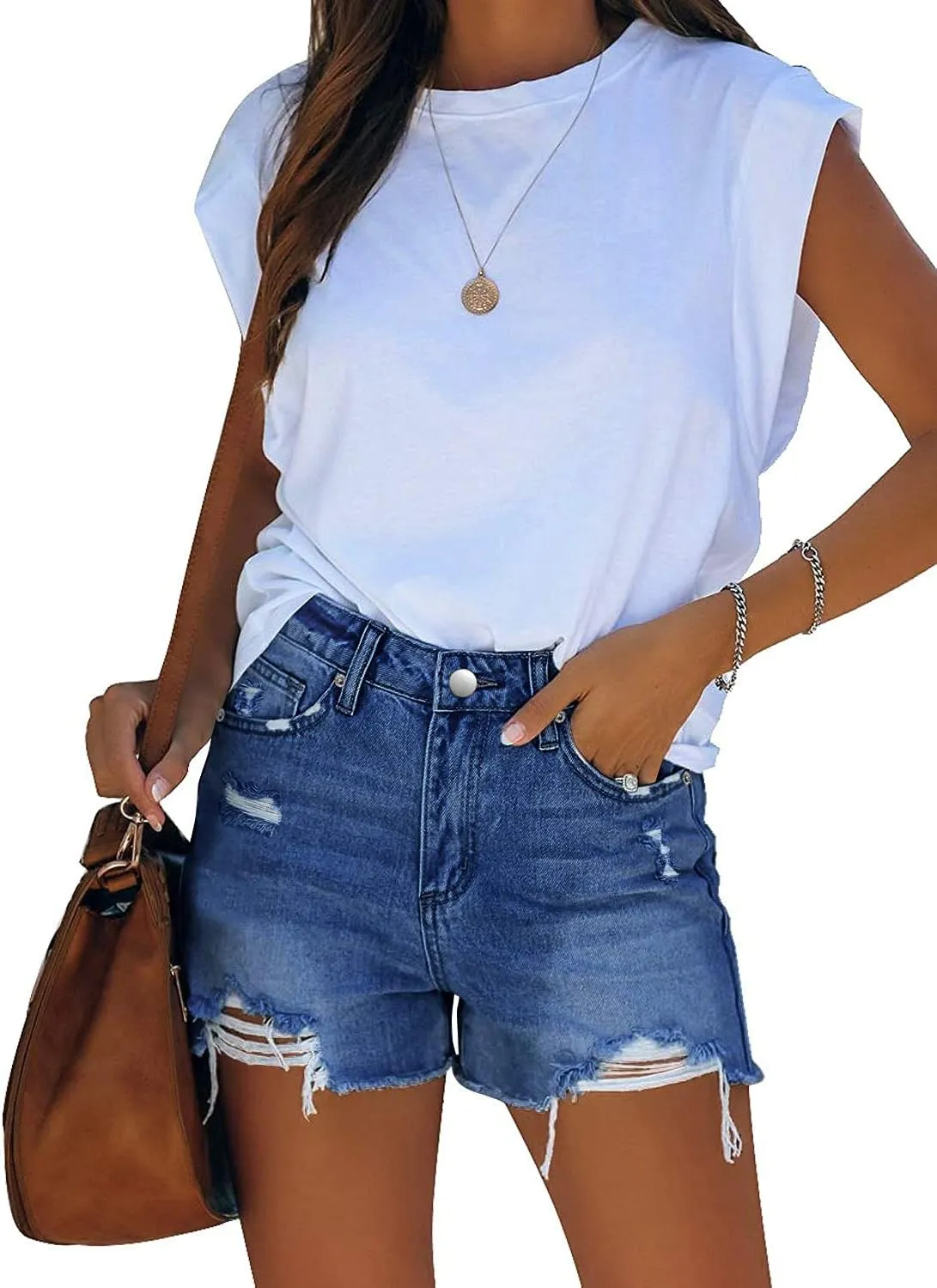CHICZONE Womens Mid-High Waisted Ripped Denim Jean Shorts Cutoff Stretchy Summer Hot Short Pants