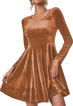 Chigant Women's Velvet Dress Long Sleeve Cocktail Christmas Party Club Dresses Flare Swing Mini Prom Dress for Wedding Guest