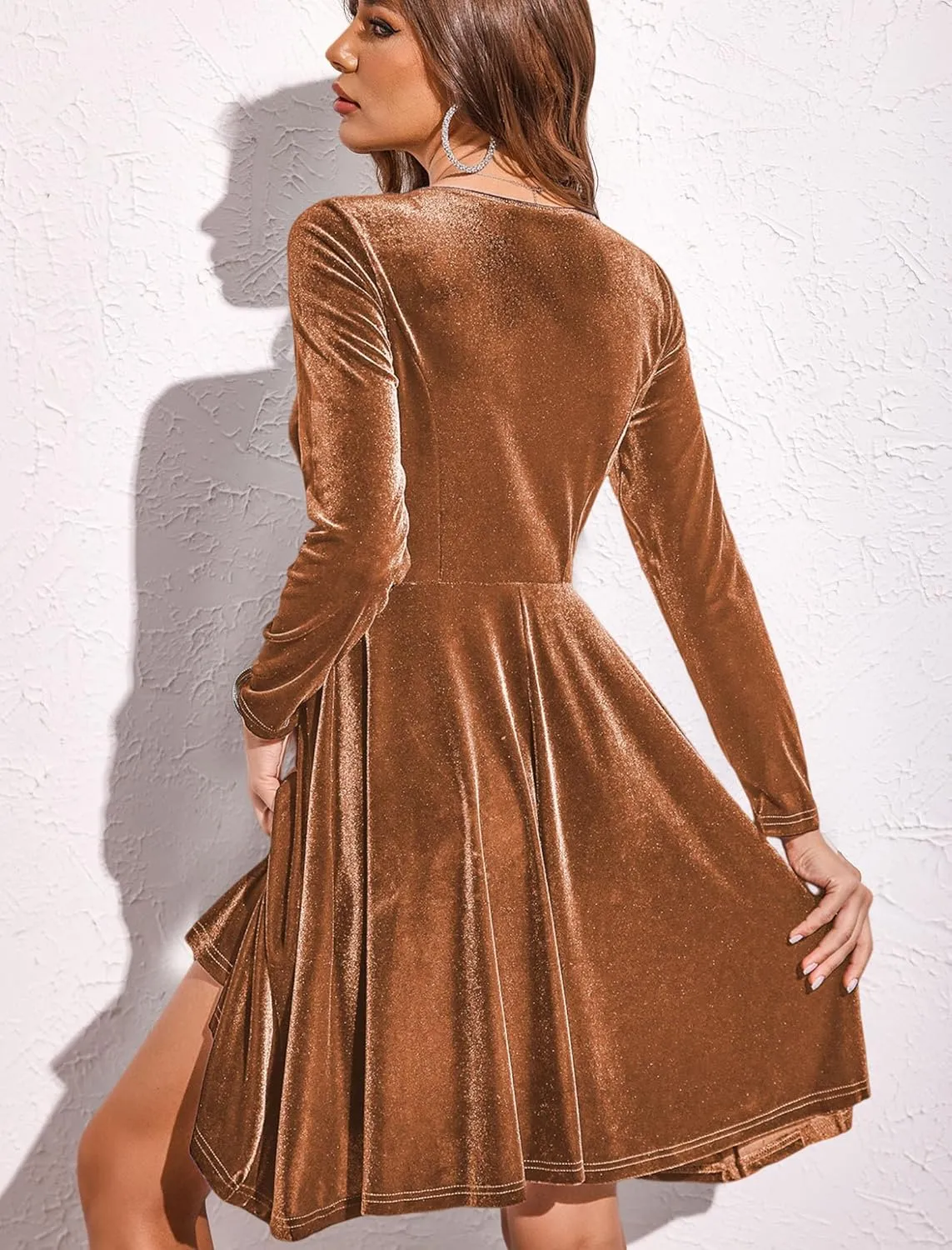 Chigant Women's Velvet Dress Long Sleeve Cocktail Christmas Party Club Dresses Flare Swing Mini Prom Dress for Wedding Guest