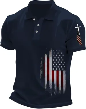 Christian Polo Shirts for Men Cross Jesus American USA Flag Golf Tshirts 4th of July Button Up Short Sleeve Clothes