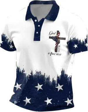 Christian Polo Shirts for Men Cross Jesus American USA Flag Golf Tshirts 4th of July Button Up Short Sleeve Clothes