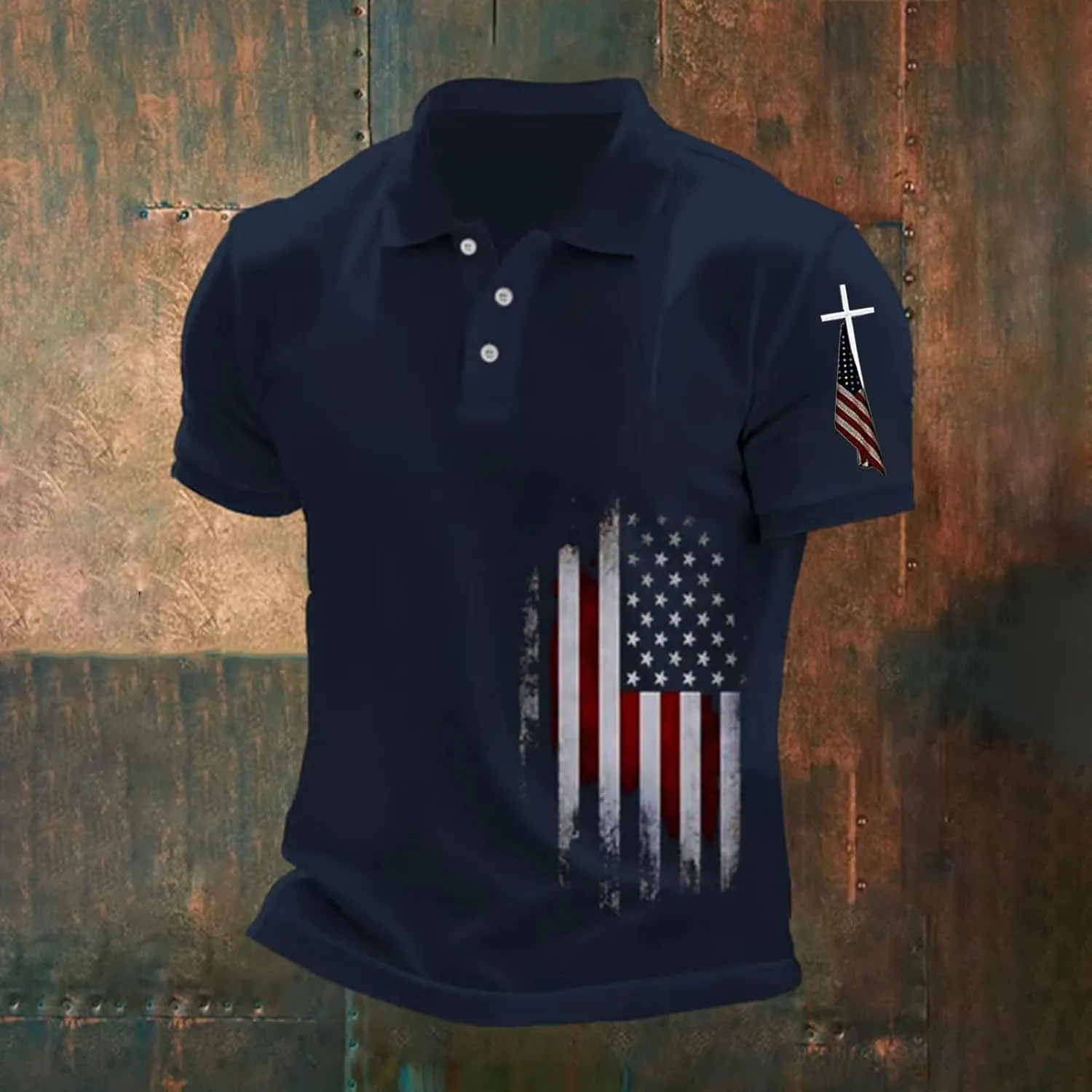 Christian Polo Shirts for Men Cross Jesus American USA Flag Golf Tshirts 4th of July Button Up Short Sleeve Clothes