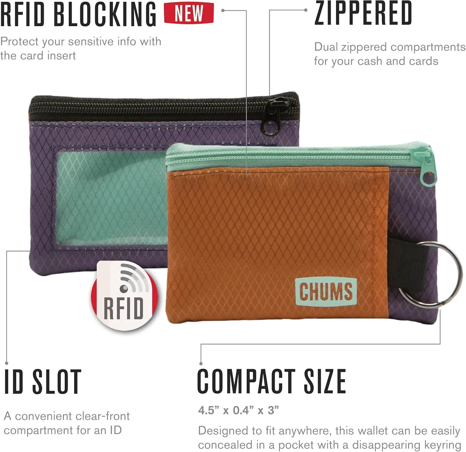 Chums Surfshorts Wallet - Lightweight Zippered Minimalist Wallet with Clear ID Window - Water Resistant with Key Ring